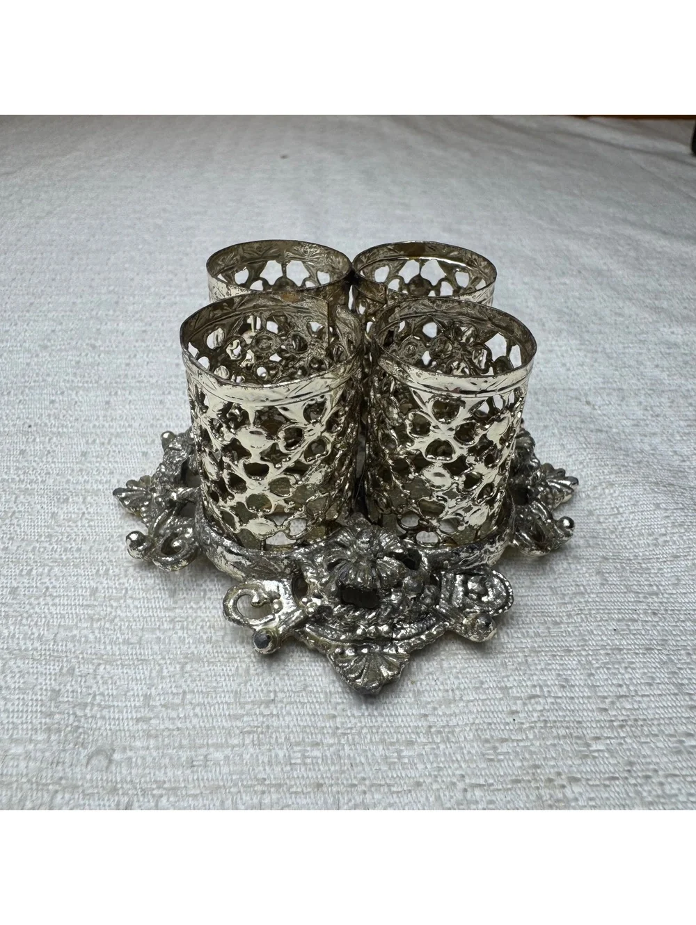 Vintage 1950s Lipstick Holder Silver Tone Filigree Vanity Organizer 4 Slot